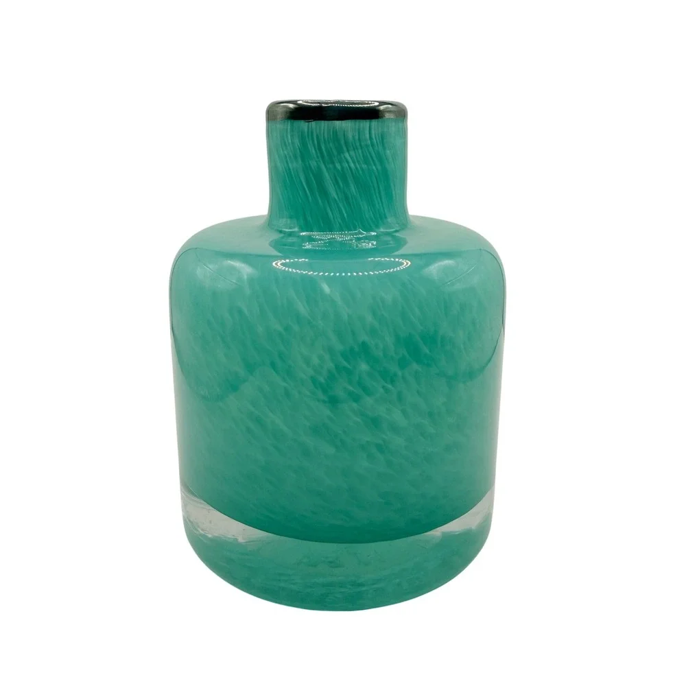 Hand-Blown Glass Vase‎ Home Decor Medium Turquoise Swirl Silver Rim Modern